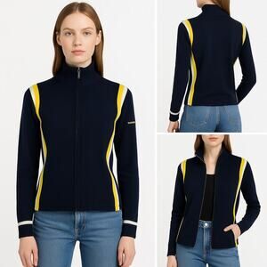 VTG Burberry Golf Italy Knit Track Jacket Navy Yellow Stripe  Y2K Sportcore S